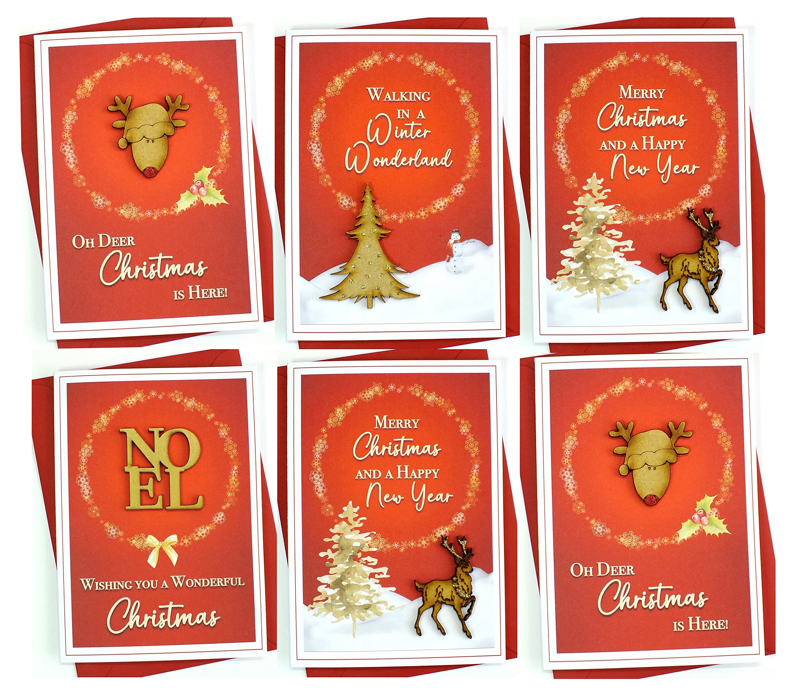 Pack of Handmade Christmas Cards & Envelopes - Luxury Xmas Card Set of 6 for Special Friends & Family Red Gold