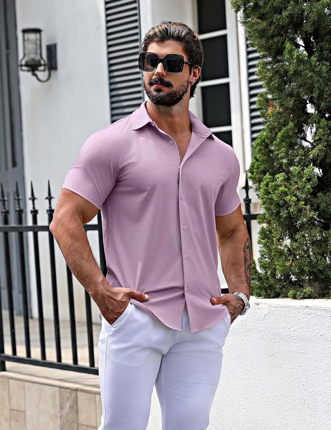 URRU Men's Muscle Dress Shirts Slim Fit Stretch Short Sleeve Casual Button Down Shirts for Men - Image 3