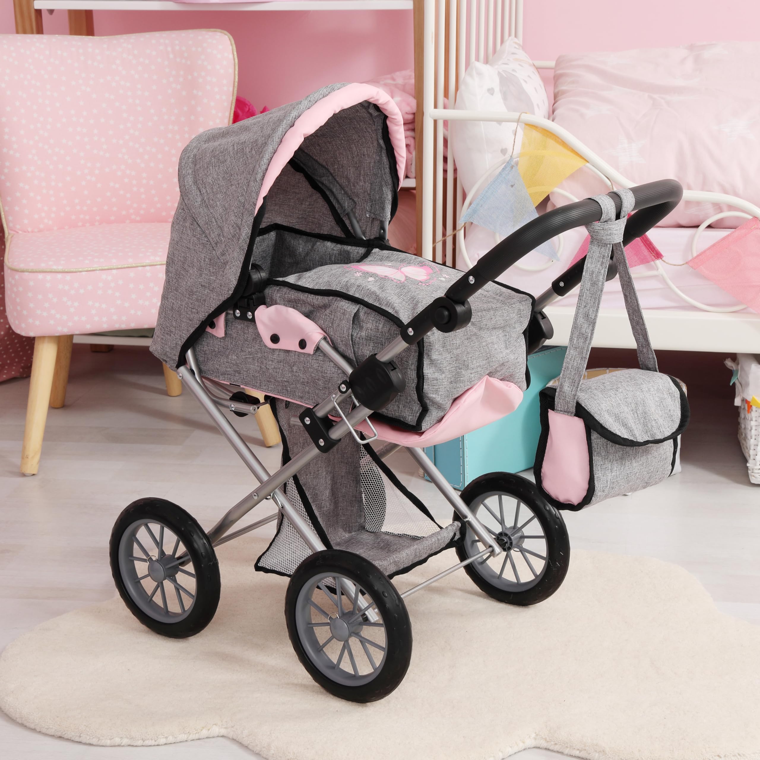 Bayer Design 13633AA Carrozzina per Bambole City Star, Passeggino per Bambole, pieghevole, regolabile in Altezza, convertibile con borsa