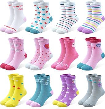12 Pairs Girls Socks for Kids Crew Socks Cotton Cartoon Novelty Crazy for Toddler 1-7 Years Old
