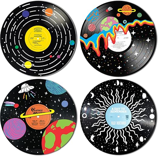 HK Studio Vintage Decor Records, 11.4" Pack 4 - PVC, Actual Vinyl Size Indie Wall Decor for Dorm, Boy & Girl Room Aesthetic Vintage - Hippie Room Decor