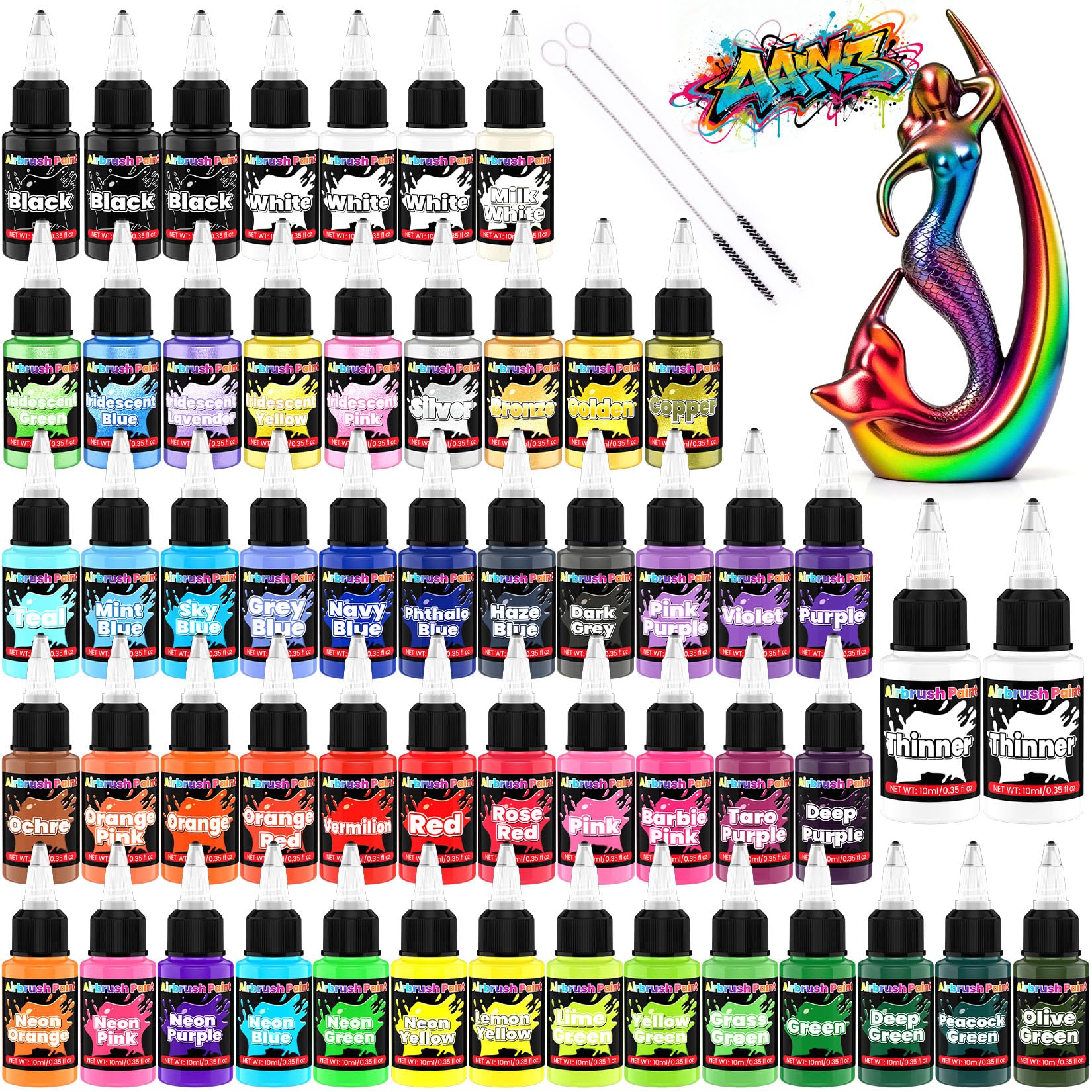 HXDZFX Airbrush Farben - 54 Farbe mit 2 Airbrush Thinner, Spritzfertiges Air Brush Farben, Schnell Trocknend Acrylfarben für Modellbau, Auto, Metall, Stoff, Künstler, Anfänger 4 Farbtypen