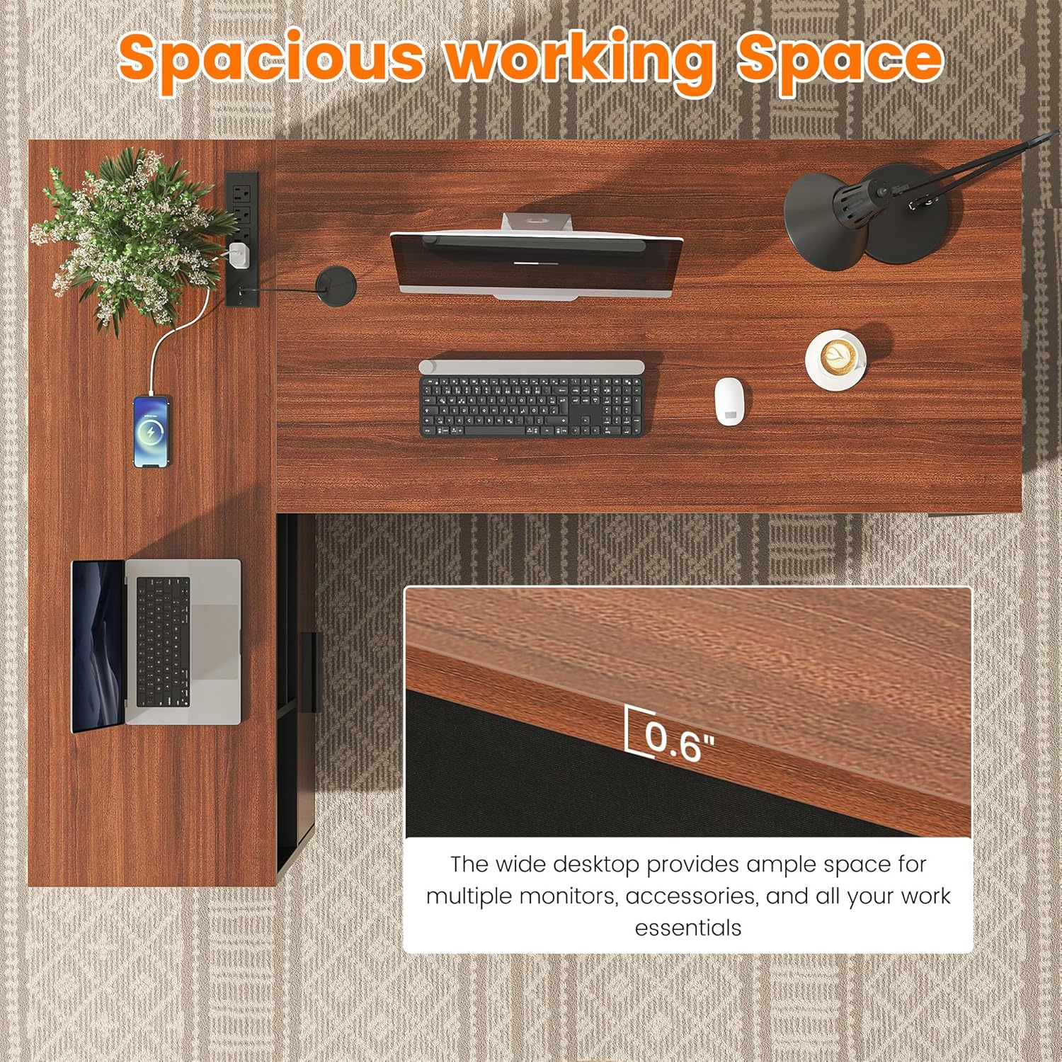 Semoic L-Shaped Executive Desk, Home Office Desk with Storage, Drawers, File Cabinet and Privacy Panel, Modern Corner Desk with Charging Station & Led Lights, Executive Standing Desk(Walnut+Black)