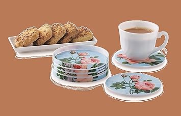 Orchid Floral Tea Coaster - Plastic 6 pcs Coaster with Stand, Circular Table Coaster for Tea Cups, Coffee Mugs, Beer Cans, Bar Tumblers & Water Glasses (Orchid_Blue)