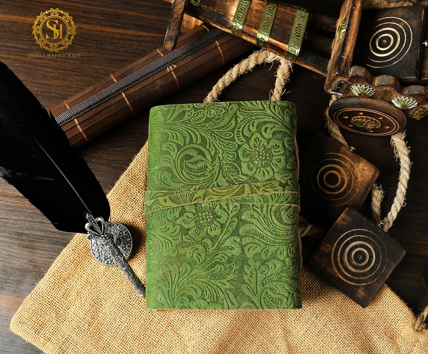 SH SHIFAA HANDICRAFT Leather Journal - Antique Handmade Deckle Edge Vintage Paper Leather Bound Journal - Book of Shadows Journal - Leather Sketchbook - Drawing Journal - Great Gift (Green) (8x6) - Image 4