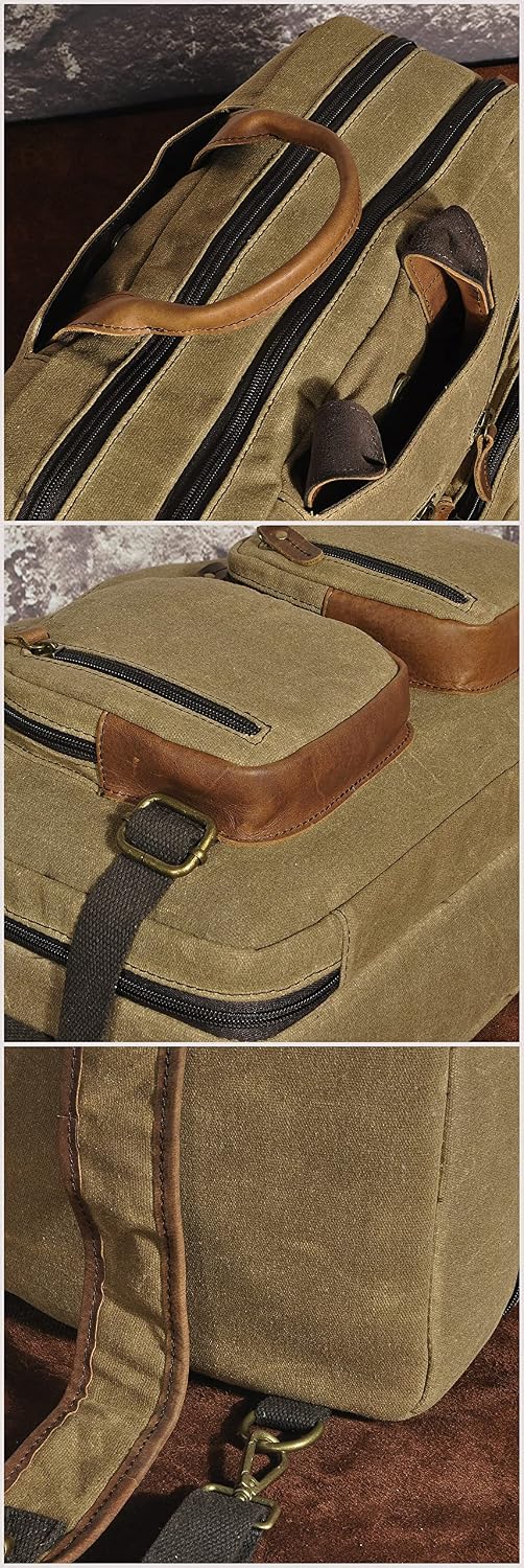 Le'aokuu Mens Canvas & Genuine Leather Waterproof Men Business Briefcase Backpack Travel Shoulder Bag Tote Hand Bag 9911（Brown）