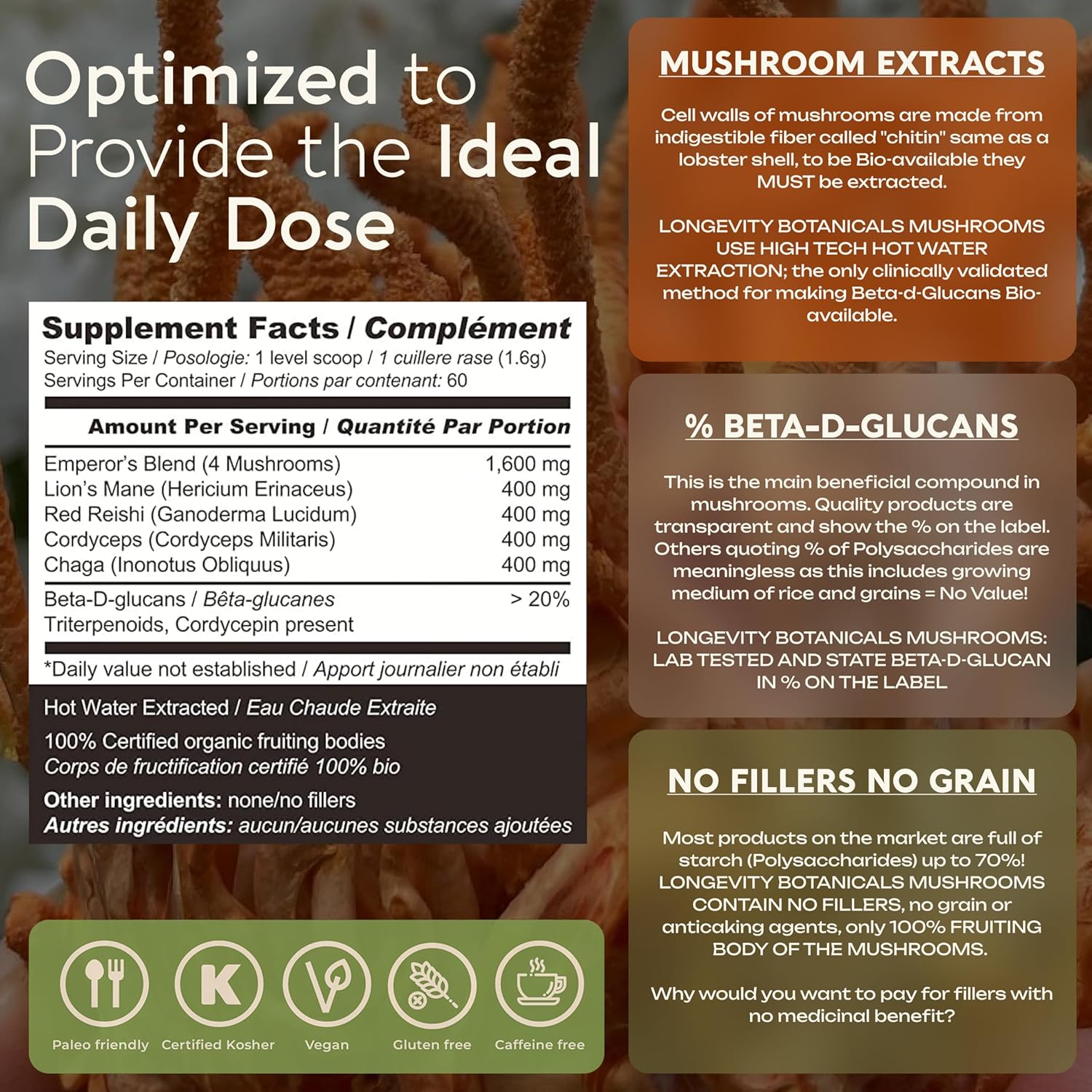 Organic Emperor 4 Powder Mushroom Blend Supplement 100g | Fruiting Body Extract Complex | With Lions Mane, Cordyceps, Chaga & Reishi | 20% Beta-D Glucans | Cognition, Immunity & Energy Support - Image 8