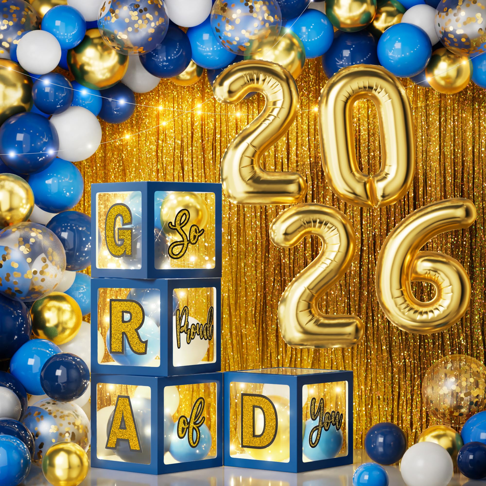Photo 1 of 2026 Graduation Decorations, 86PCS Blue and Gold Graduation Party Decoration Supplies Grad Balloon Arch Kit with Led Light Strings, Balloon Boxes with Letters & Foil Curtains for High School College