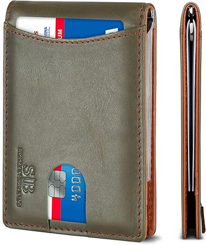 SERMAN BRANDS - Billetera sencilla de cuero genuino con bloqueo RFID para hombre, billetera delgada con bolsillo frontal y clip para dinero