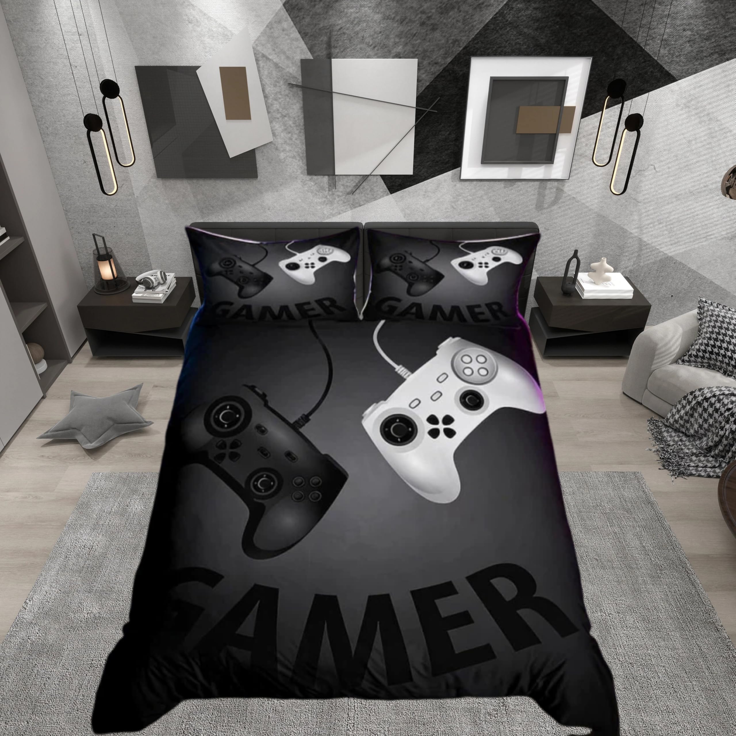 Loussiesd Boys Dark Black Gaming Bedding For Kids Cartoon Video Game Gamepad Duvet Cover Set Child Youth Graffiti Style Bedding Set Double Bedding Sets Gamer Bedding Cover,3Pcs Gamer Pillow