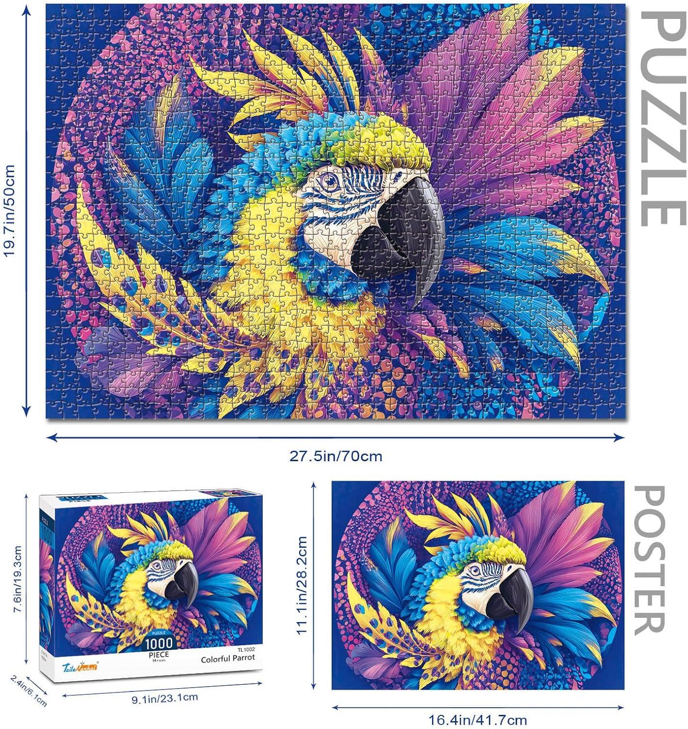 1000 Piece Jigsaw Puzzle for Adults - Colorful Macaw Parrot Art, Tropical Bird Puzzle with Vibrant Blue Yellow Purple Feathers