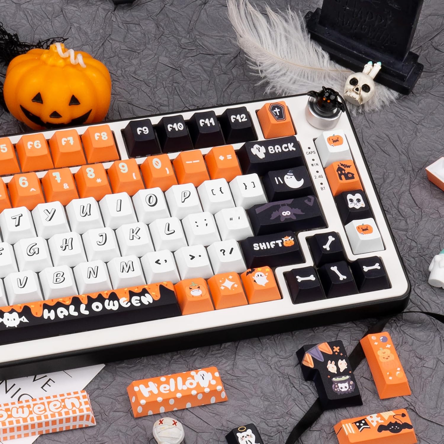 143 Keys Halloween Themed PBT Keycaps Cherry Profile Dye Sublimation Keycap Custom Orange Cute Key caps Compatible with for 61/64/75/84/87/104/108 Mechanical Keyboard.