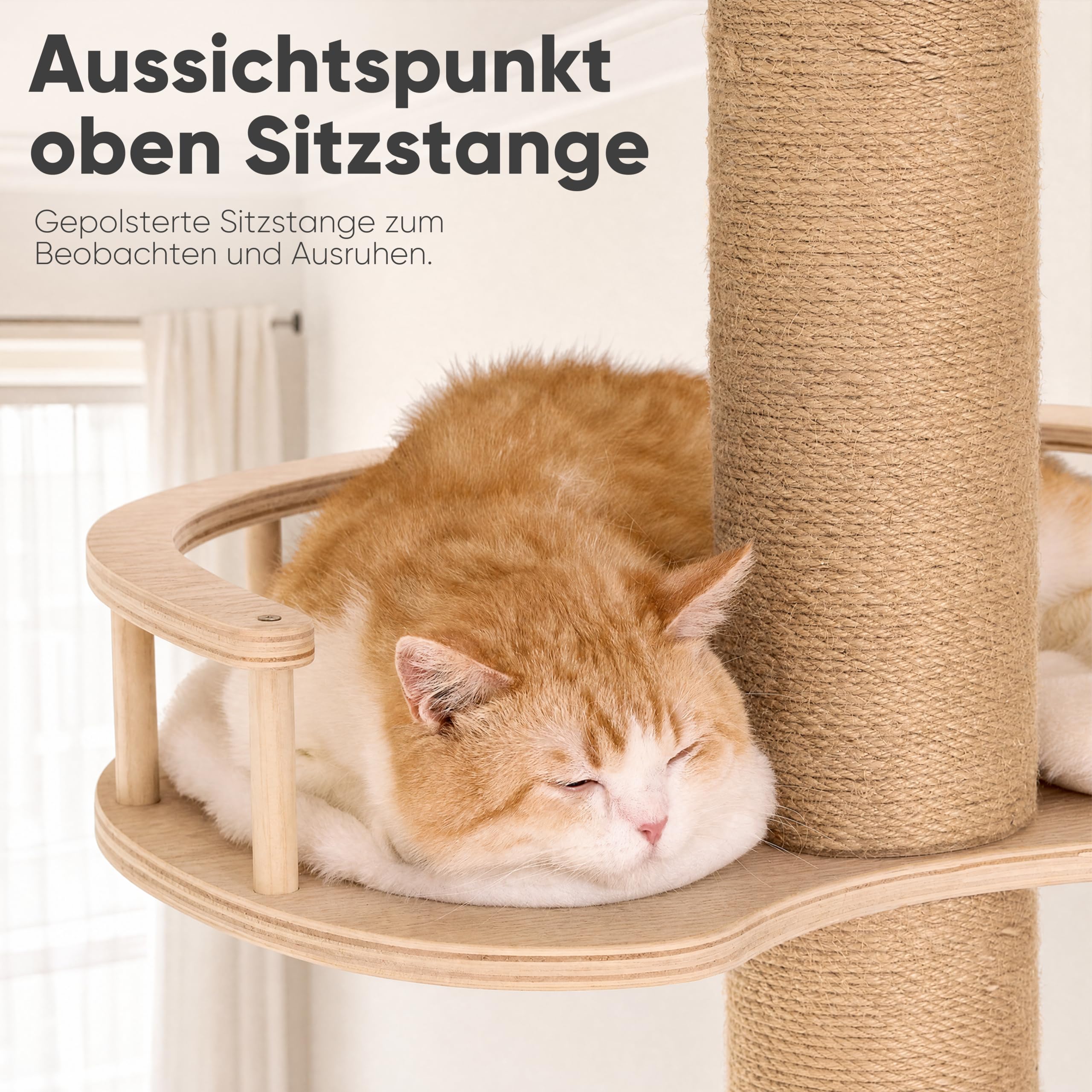 FUKUMARU Kratzbaum, bis zur Decke reichender Katzenturm,Katzenbaum aus Natürliches Gummiholz-Sperrholz, mit Katzenversteck-Zelt und oberer Liegenische mit Geländer,beige