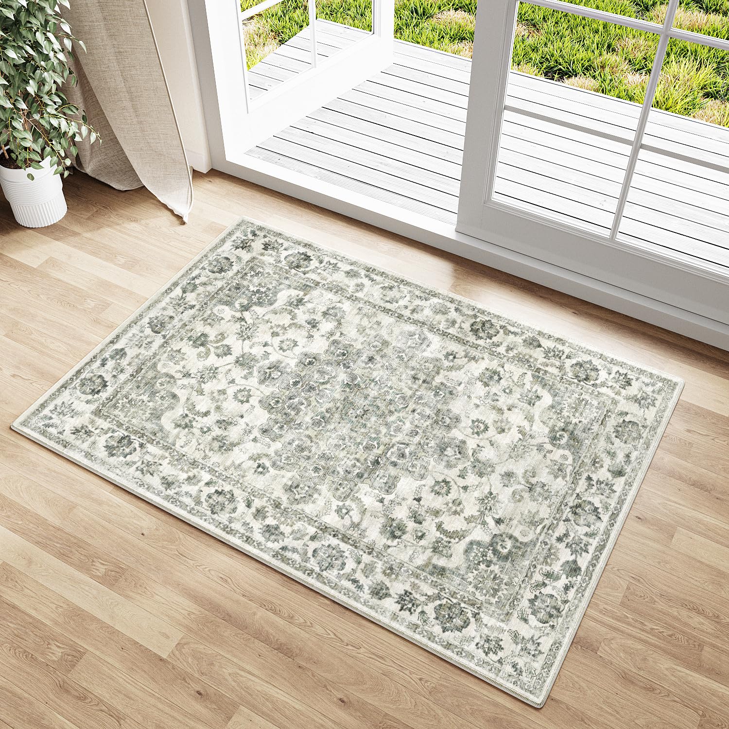 HUGEAR Vintage Door Mat Green Small Area Rug 60x90cm Non Slip Washable Rugs Lounge Doormat Bedside Office Outdoor Bedroom Kitchen Indoor Carpet Low Pile Carpets — image 1