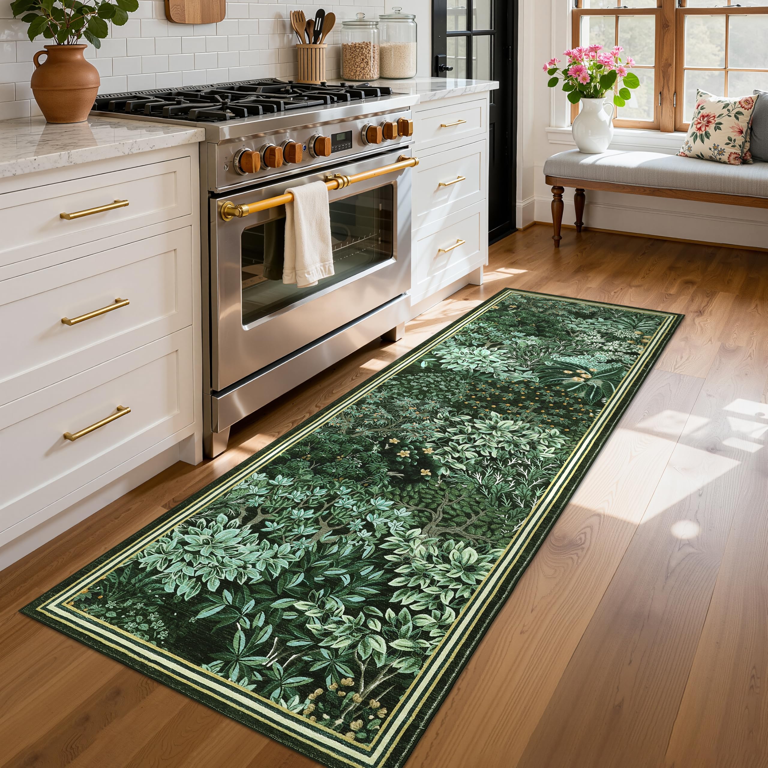 GarveeHome Forest Runner Rug, Dark Green Washable Runner Rug 2x6 for Kitchen, Botanical Low Pile Non Slip Stain Resistance Woodland Hallway Rug for