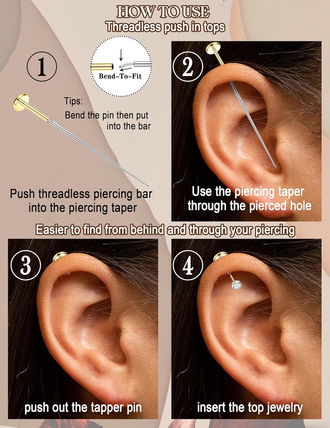 ORAZIO 16G/18G/20G Threadless Flat Back Earrings 316L Surgical Steel Cartilage Earring Stacks Flatback Push in Nose Rings Studs Hypoallergenic Tragus Helix Conch Labret Medusa Piercing Jewelry - Image 7