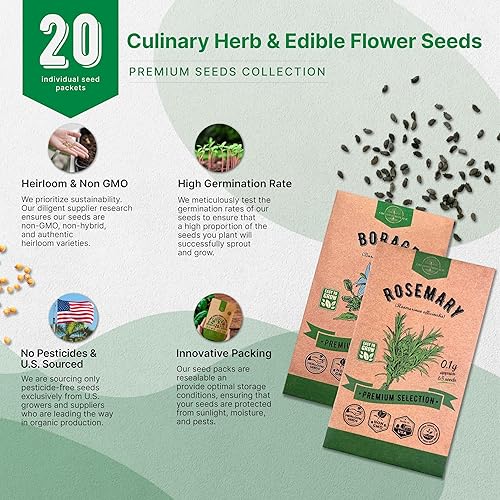 Miniatura 6 de Paquete variado de 20 hierbas culinarias y semillas de flores comestibles para plantar en interiores y exteriores. Más de 9500 semillas de flores
