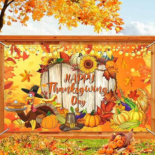 Miniatura 2 de Cartel grande de feliz día de Acción de Gracias para exteriores, pavo, calabaza, hojas de arce, telón de fondo para patio, decoración de fondo de