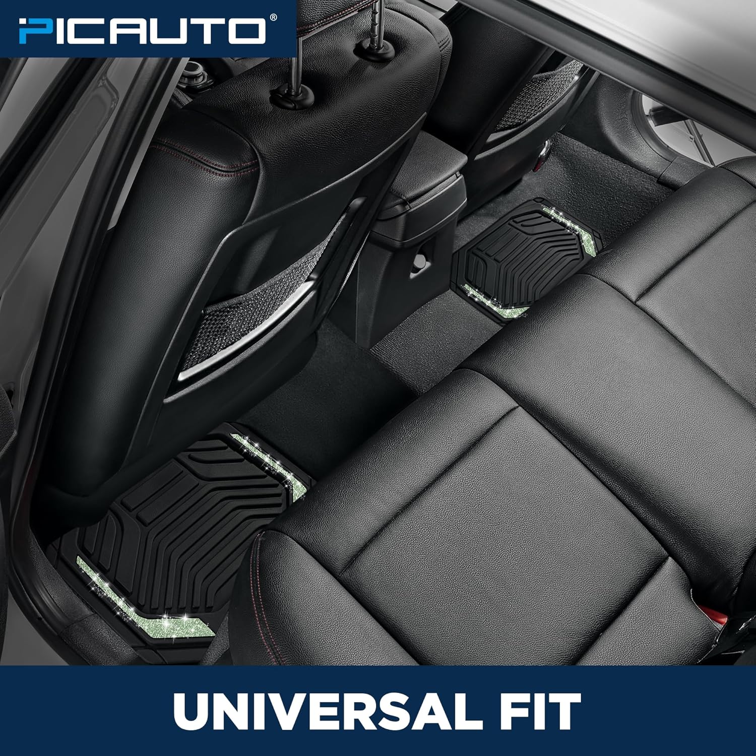 PIC AUTO Car Floor Mats, Green Sparkly Crystal Bling Glitter Car Mats Set, Front and Rear Heavy Duty Rubber Car Mats with Anti-Slip Backing, All Weather, Trim-to-Fit for Automotive SUVs, Sedan, Vans - Image 4
