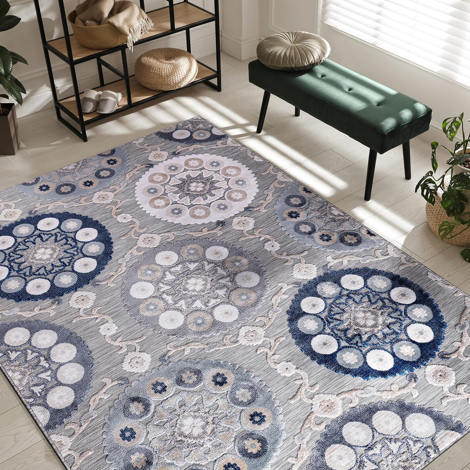 Photo 1 of **SEE NOTES**  Indoor/Outdoor Rug, Blue 7’10”x10’ Bohemian Medallion Floral Area Rug