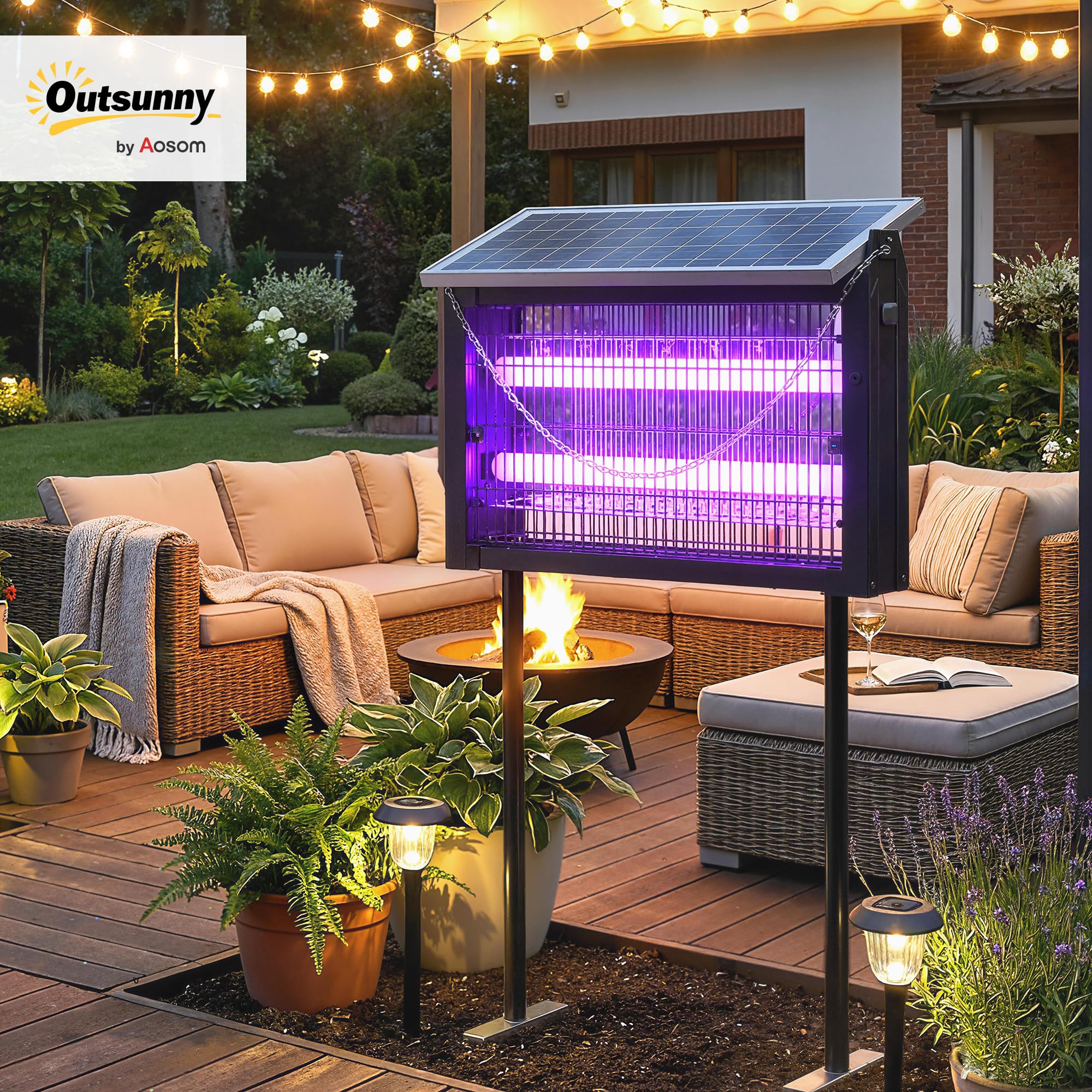 Outsunny Lampada Antizanzare da Esterno Energia Solare 45x18x90 cm Nero | Zanzariera, Ricarica USB Interna, Luce Anti Insetti Elettroinsetticida, Rete di Protezione