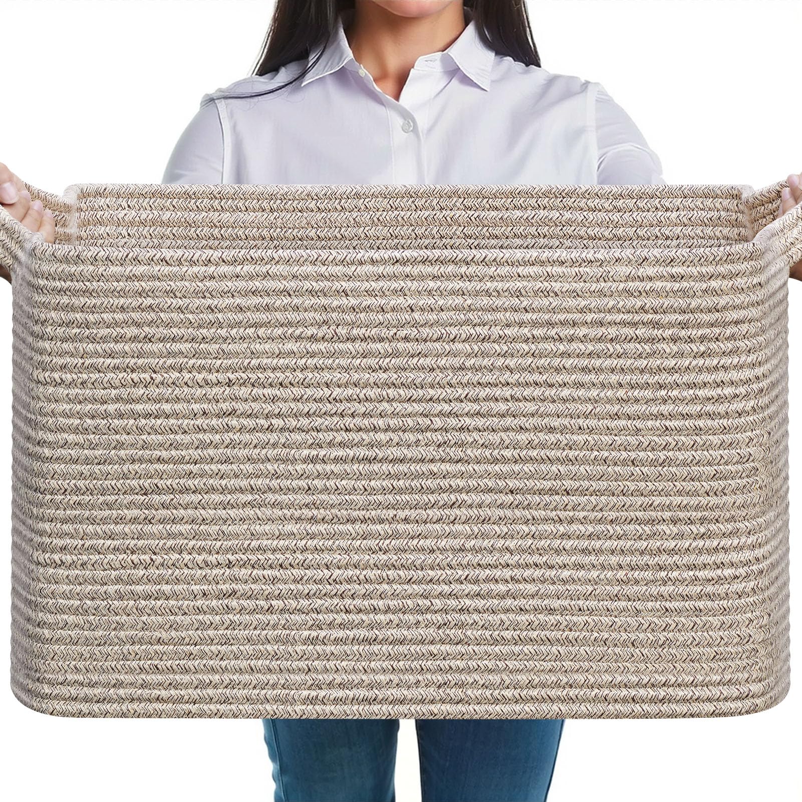 JOJOSEE Large Storage Basket, Blanket Basket for Clothes Bedding, Woven Storage Baskets, Toy Storage for Kids, Rope Basket for Living Room, Nursery, Bedroom 55x38x30 cm (Heathered Brown, 1 Pack)