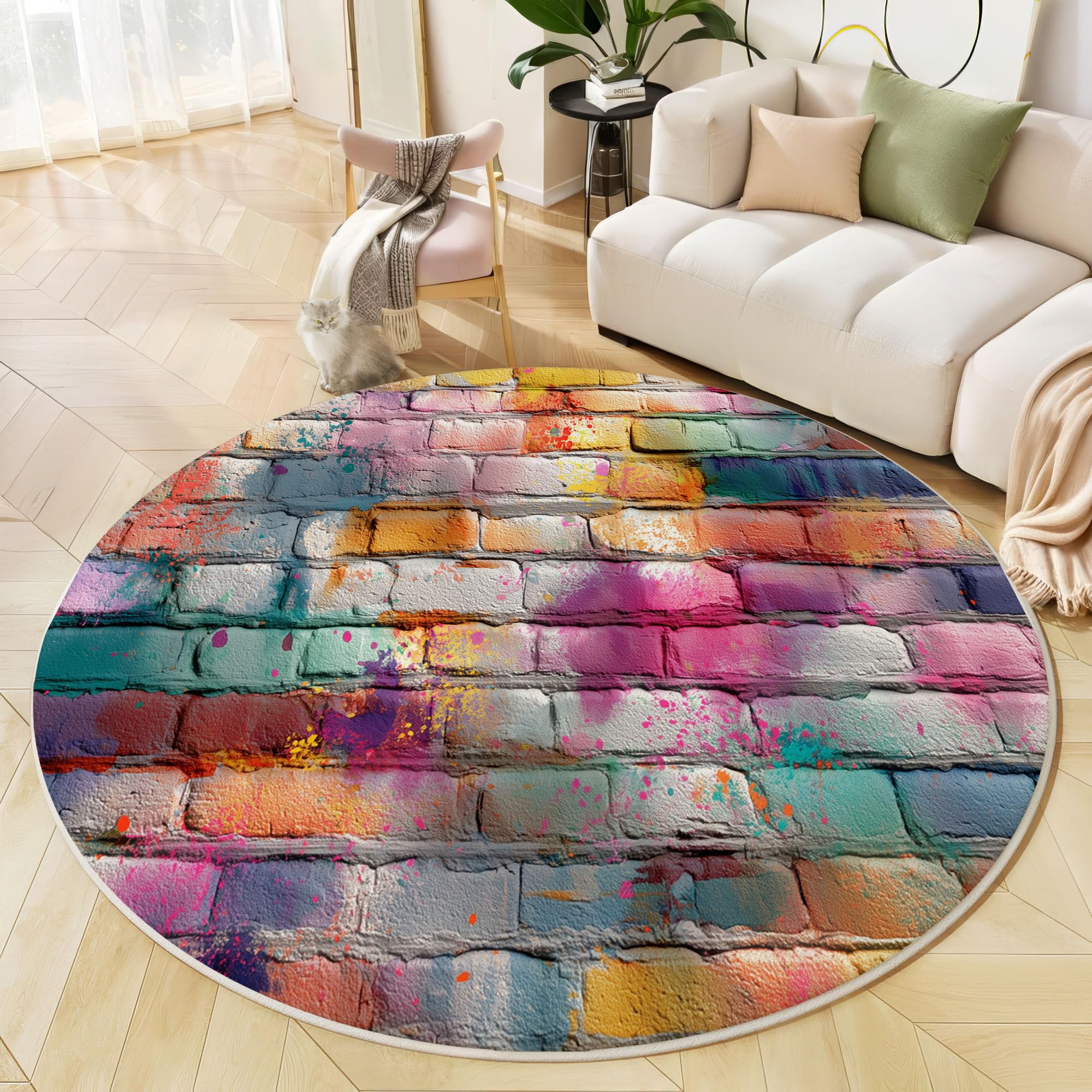 Tapis Rond Lavable Briques Colorées À l'aspect Vieilli 160cm | Tapis Art du Graffiti De Rue Antidérapants Salon Lavable en Machine pour pour Salle à Manger, Entrée, Cuisine, Multicolore