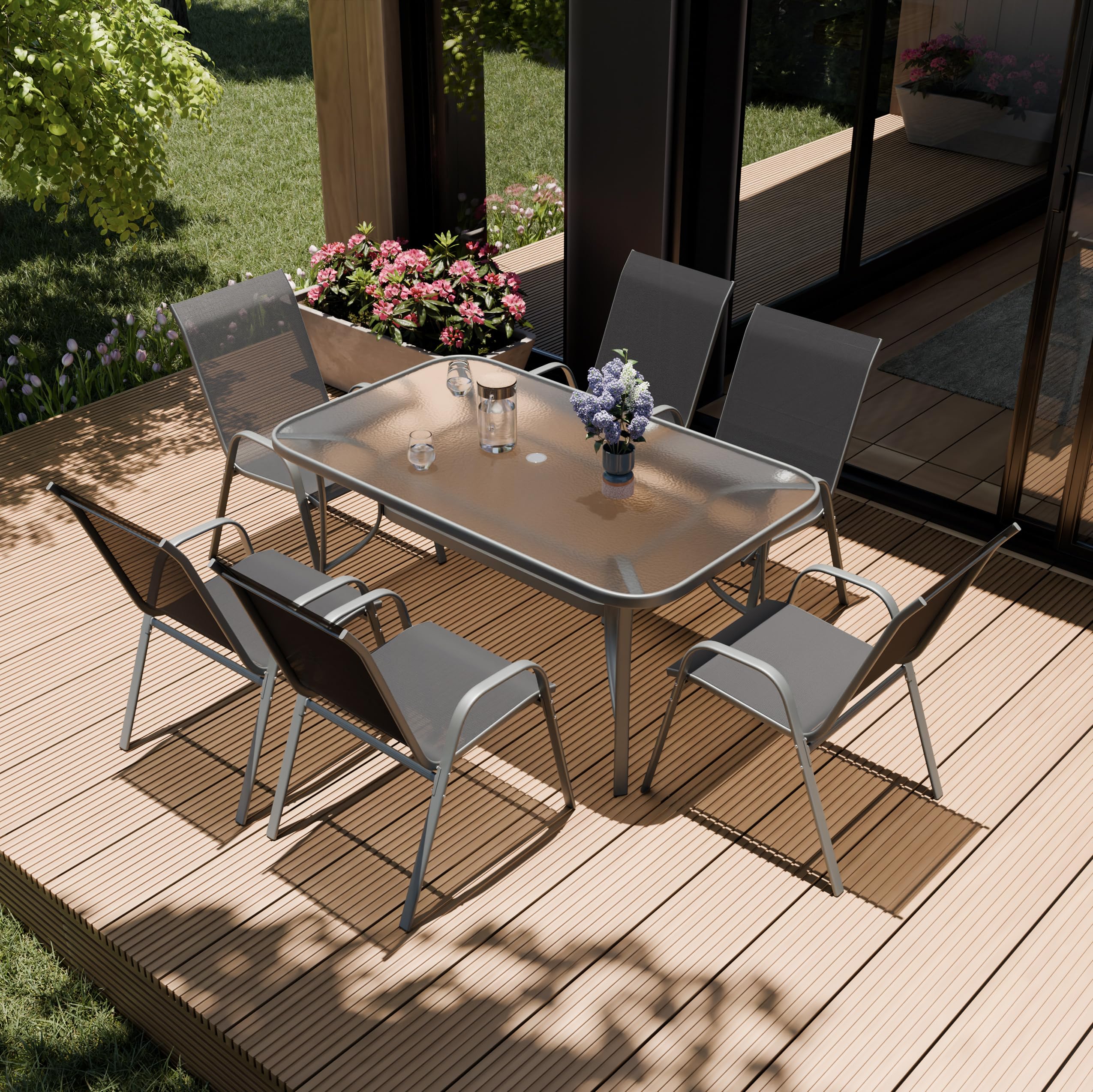ZENJOY, Kindly, Gartenmöbel Set mit 6 Stühlen, Gartenmöbel Set, 150x90cm Glastisch mit Loch für einen Regenschirm, Stapelbare Textilene-Stühle, Wetterfest, UV-beständig, Grau