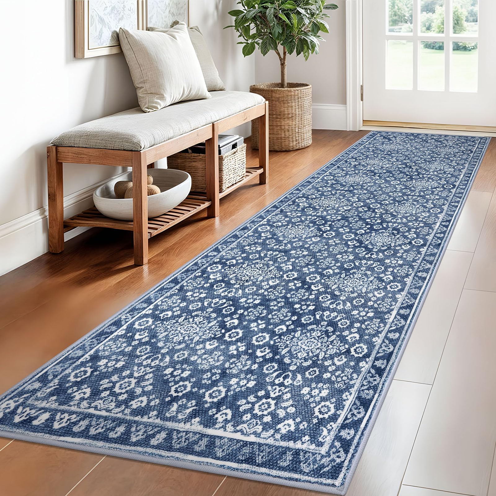 SILOLOOM Vintage 2.6x8 Hallway Runner, Denim Blue White Washable Non-Slip Hallway Carpet, Super Soft Kitchen Runner Rug, Print Faux Wool Floral Thin Carpet for Indoor & Bedside — image 1