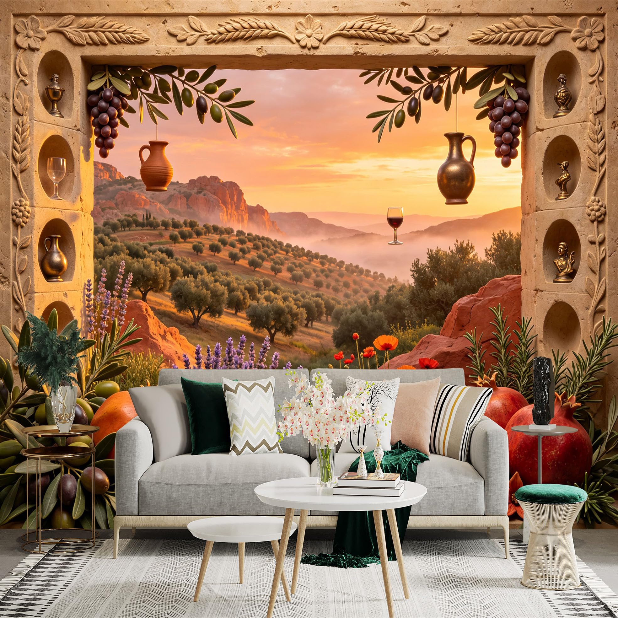 Lnzczhyre Bh260719456 Custom Size Wall Sticker Mural， Mediterranean Sunset Landscape， Olive Groves And Pomegranates， Rustic Stone Window View， For Wall Decoration， Peelandstick Wall Decals.