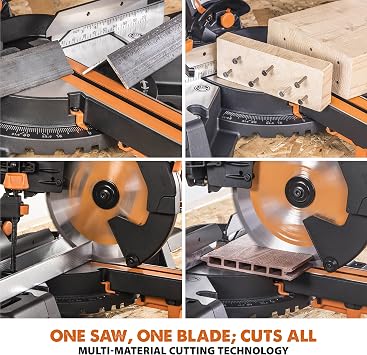 Evolution Power Tools R255SMS-DB+ Double Bevel Sliding Mitre Saw, Multi-Material Cuts Metal, Wood, Plastic & More - with Plus Pack includes Clamps, Dust Bag & Blades, 255mm (230V)
