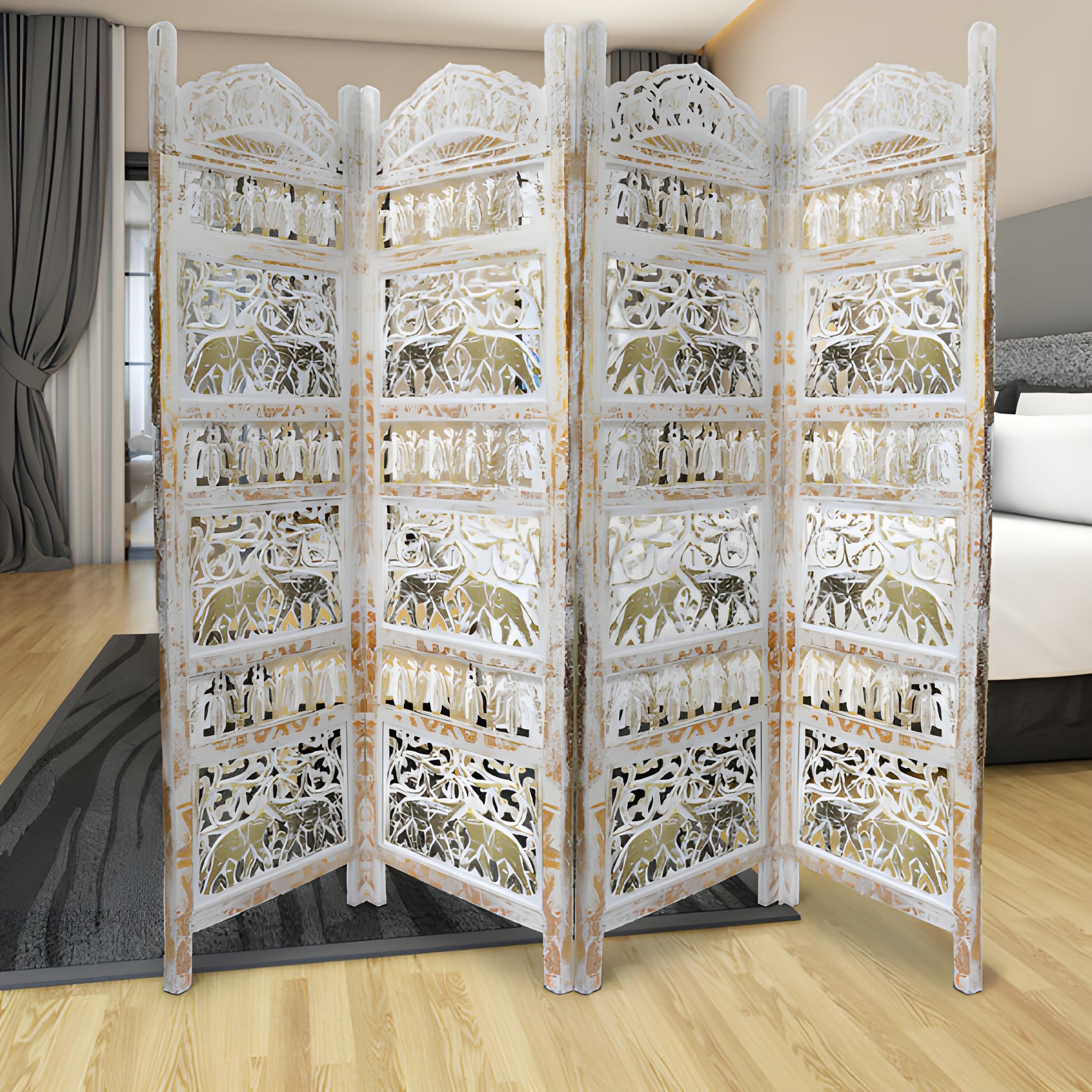 Home & Goods International Wooden Room Divider Partition - Foldable Wood Screen Separator for Living Room, Bedroom, Office, Restaurant - Elephant Carving (Gold & White, Pink)