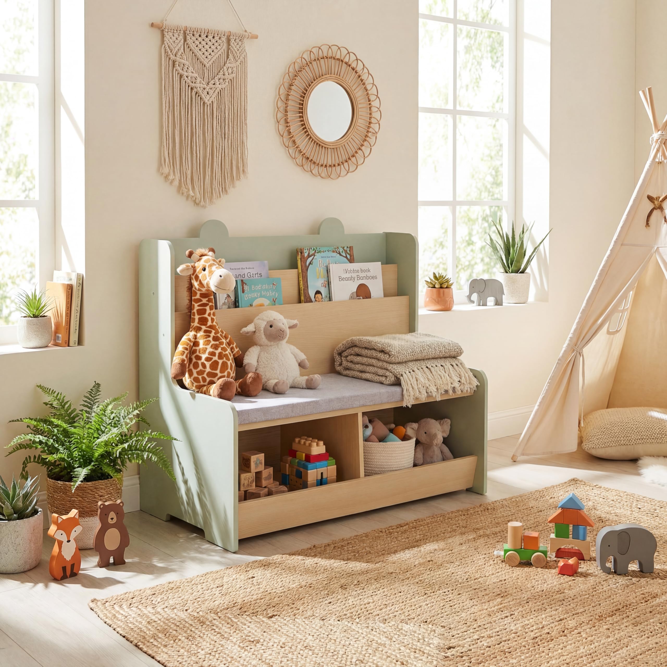 LIFEZEAL Bibliothèque Enfant avec Banc, Étagère à Livres à 2 Niveaux & 2 Compartiments Range-Jouets, Assise Rembourrée, Meuble Rangement pour Chambre d’Enfant, Crèche, pour 3+ Ans (Vert)