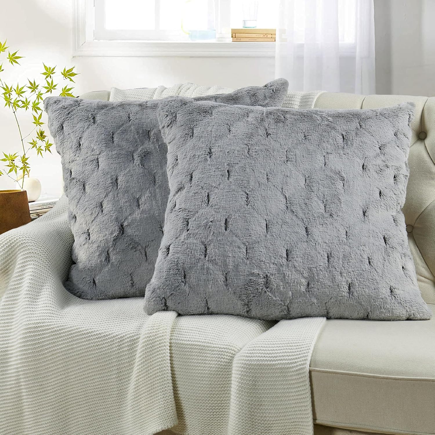 Plush Soft Jacquard Faux Rabbit Fur Throw Pillow Covers Set, 26 x 26 Inches Pack of 2, Furry Fuzzy Decorative Euro Cushion Case Pillowcase for Couch Bed Car Bedroom Living Room, Silver Grey