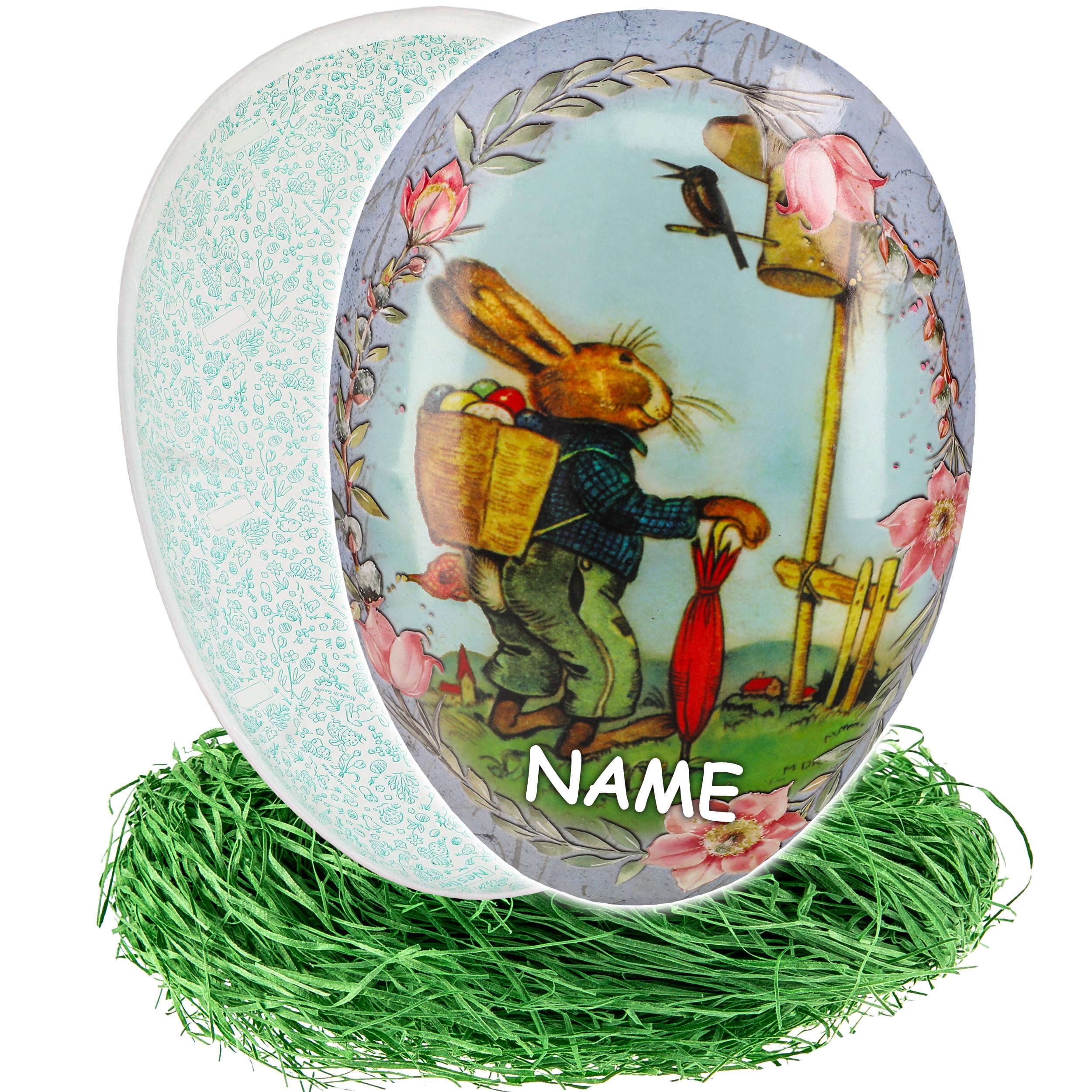 alles-meine.de GmbH XXL - Ostergras & Pappei zum Befüllen - 36 cm - Hasen am Schaufenster - incl. Name - Osterei/Ei zum Befüllen - Papposterei - Deko Pappe Papp - Dekoei Pa..