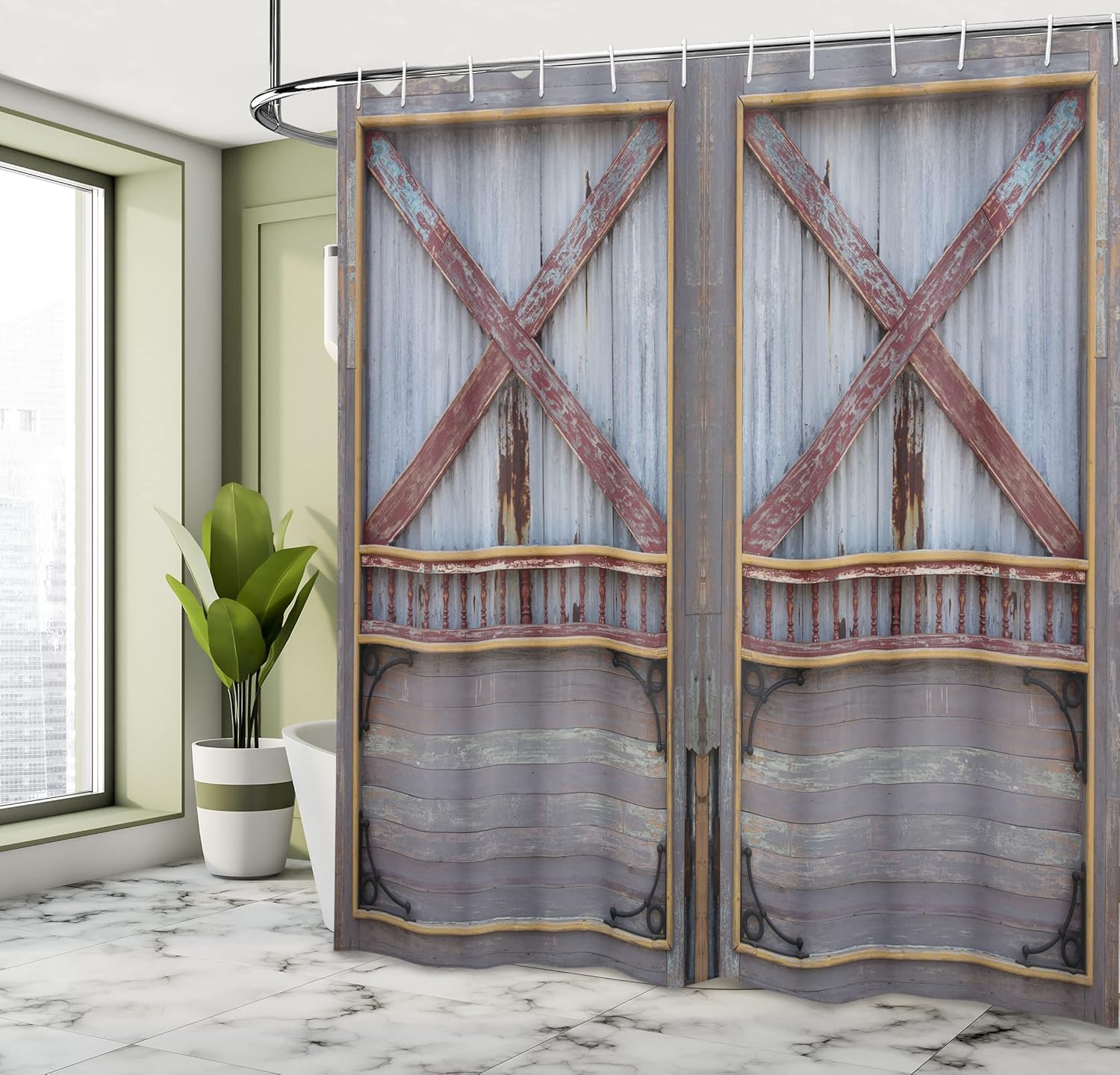 Ambesonne Industrial Shower Curtain, Zinc Style Wooden Gate Image Street Construction Window Covered Plank Print, Cloth Fabric Bathroom Decor Set with Hooks, 69" W x 70" L, Brown Grey