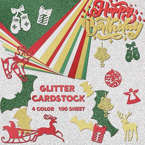 Miniatura 4 de Yeaqee 100 hojas de papel de cartulina con purpurina de Navidad, papel de regalo metálico de 8.5 x 11 pulgadas, cartulina pesada de 8.82 oz/m² para