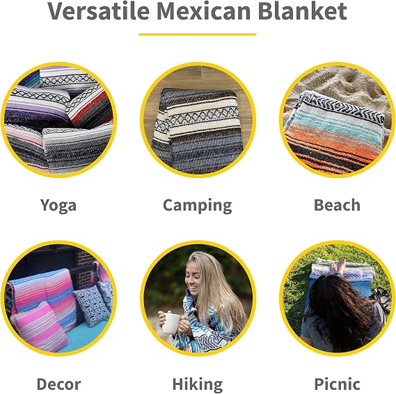 Cozumel Bulk Mexican Yoga Blanket, 10 Pack, Assorted | Authentic Yoga Blanket Woven in Mexico - Serape Throw Blanket for Studio, Outdoor Picnic, Camping, Saddle, Bed/Home Decor