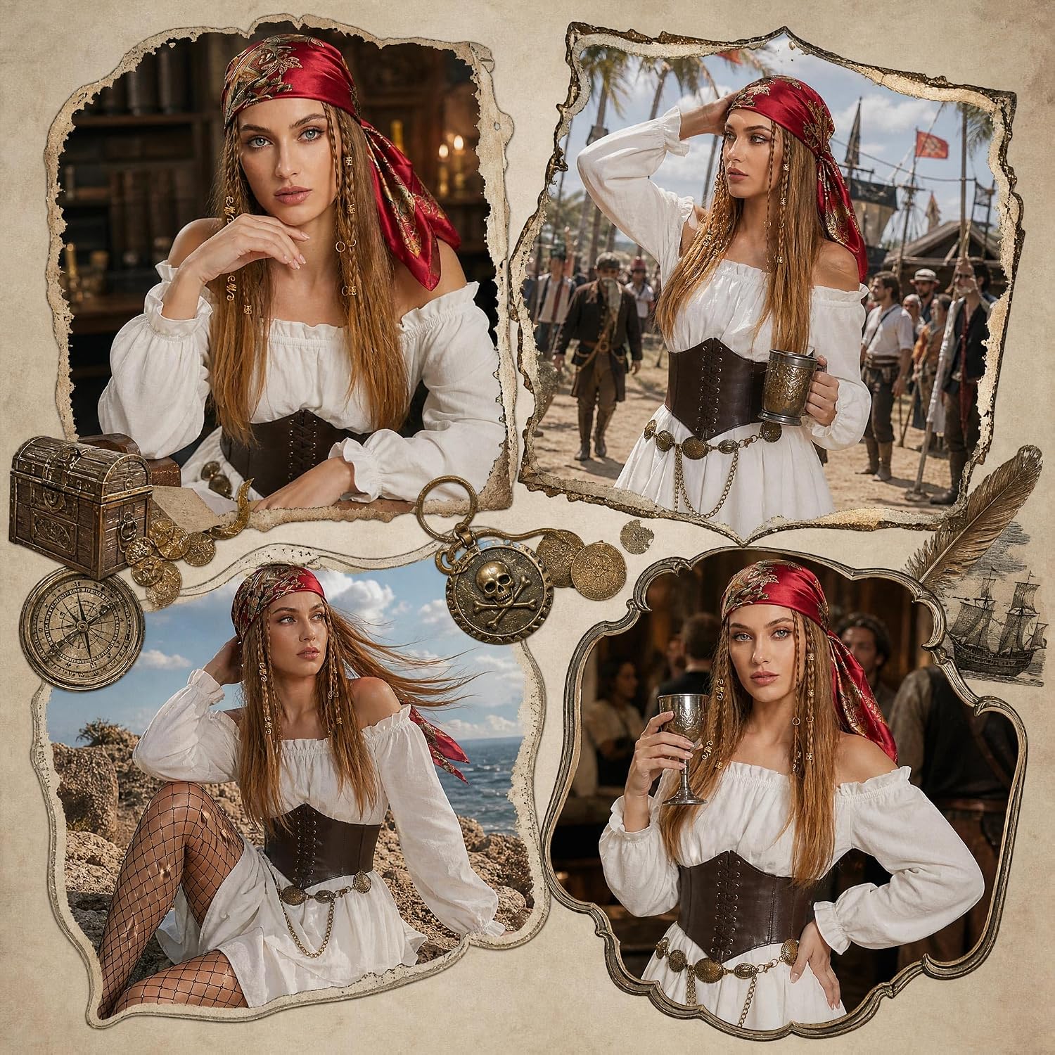 6 Piece Renaissance Dress Pirate Costume for Women, Medieval Cosplay Costume - with Corset Belt and Accessories
