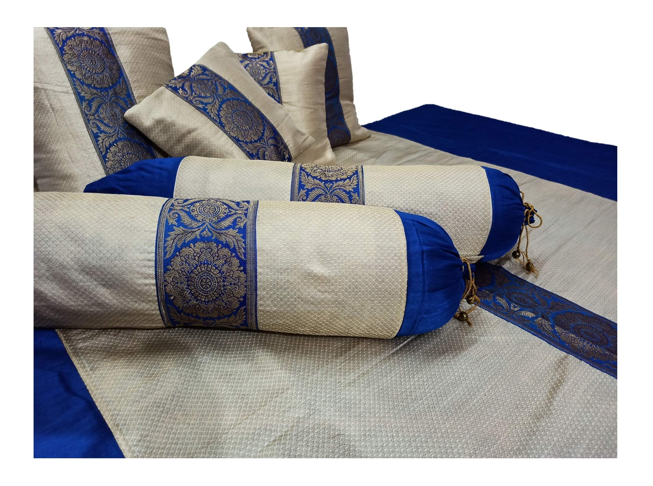 Banarasi Brocade Silk & Taffeta Silk Fabric DIWAN Set with Zari Embroidory (Off White & Royal Blue)-image-1