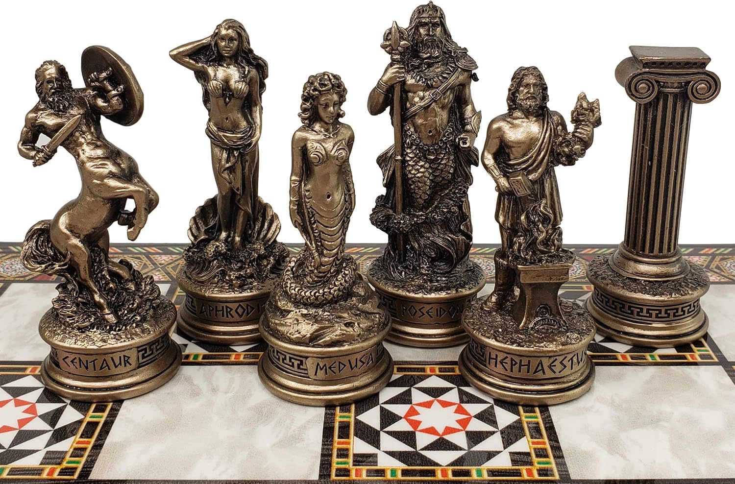 Greek Mythology Olympus Gods Zeus vs Poseidon Pewter and Bronze Color Chess Set with 17" Mosaic Color Board