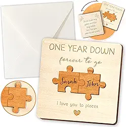 STOFINITY Cartão de aniversário de 1 ano para marido e esposa – Presentes de madeira de aniversário de 1 ano para namorado, namorada, presente de madeira de 1 ano para ele e ela, cartões de primeiro aniversário de casamento para casais