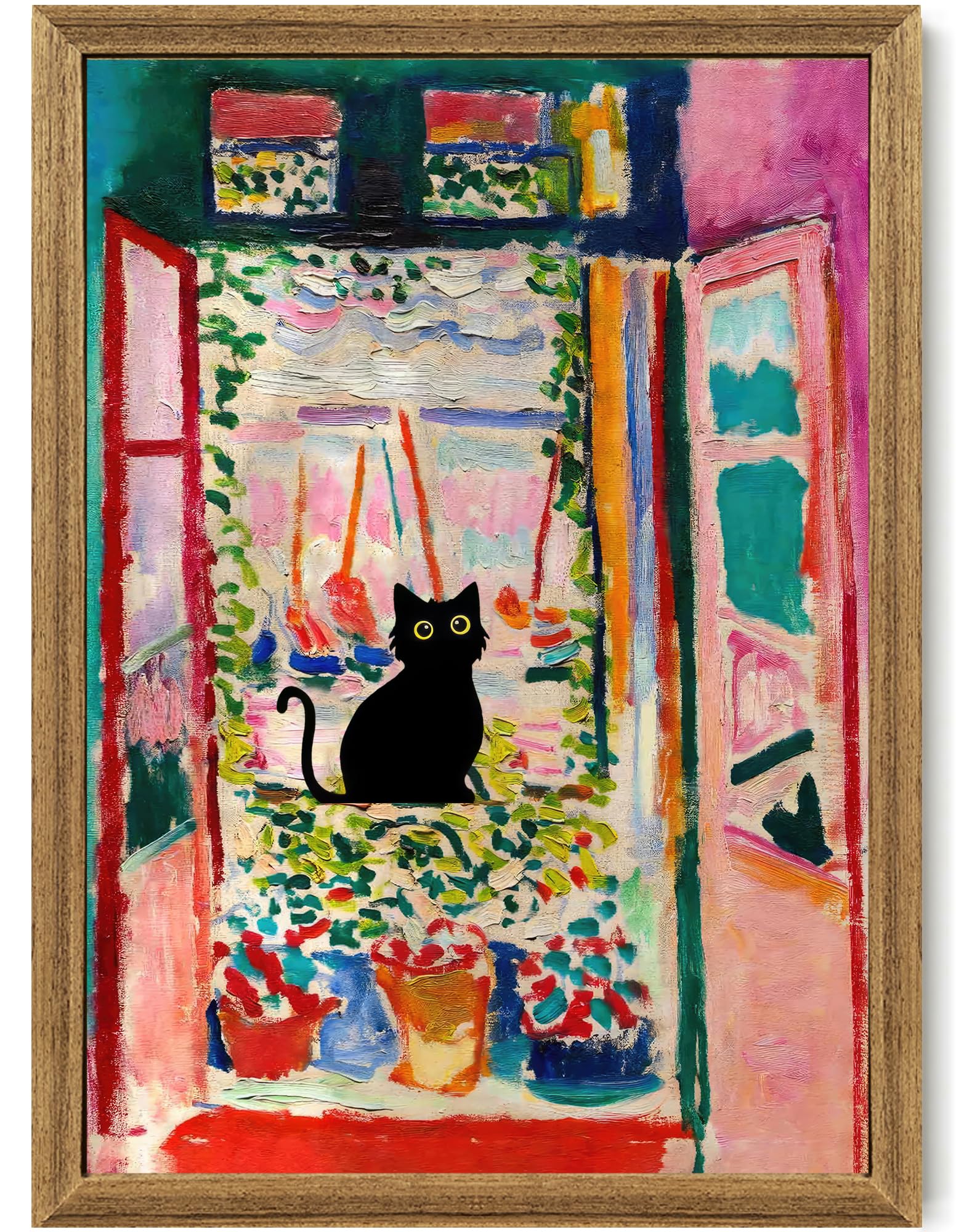 Fantasy Artists Henri Matisse Cat Wall Art, Framed Open Window Black Cat Canvas Poster Prints, Abstract Aesthetic Wall Decors for Living Room, Oil Paintings for Room Bathroom Decorations 16" X 24"