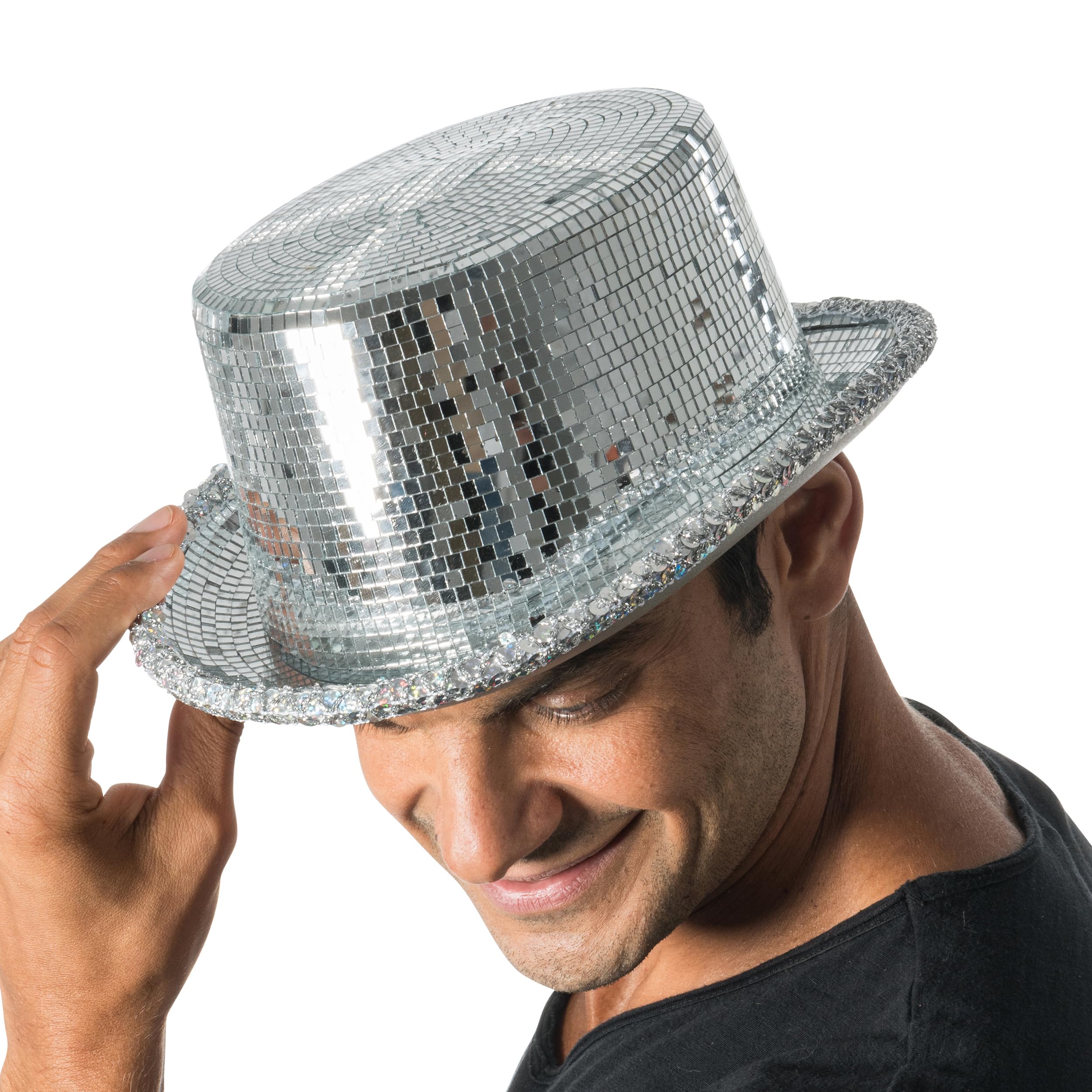 Chaks - Sombrero de copa, sombrero con purpurina de bola de discoteca | Sombrero de espejos para festivales y fiestas, sombrero de copa plateado con plaquitas de espejo, complemento para disfraces