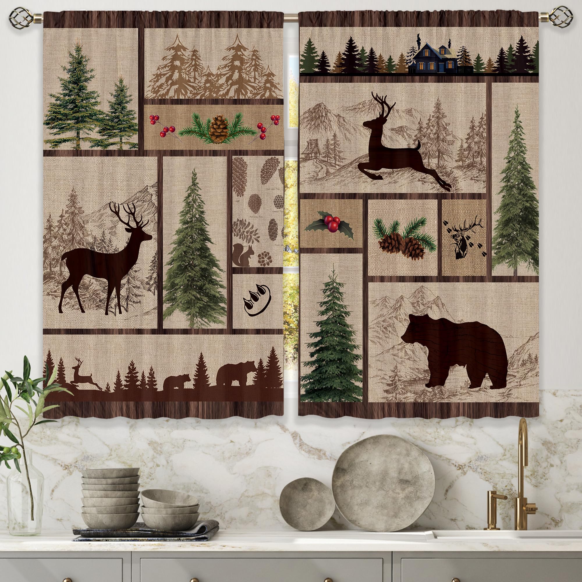 Laifzere Rustic Cabin Kitchen Curtains Forest Woodland Farmhouse Brown Small Short Cafe Window Curtains Country Bear Deer Rod Pocket Bathroom Drapes Treatment Tier Curtains 2 Panels (27.5x39 Inch) — image 1