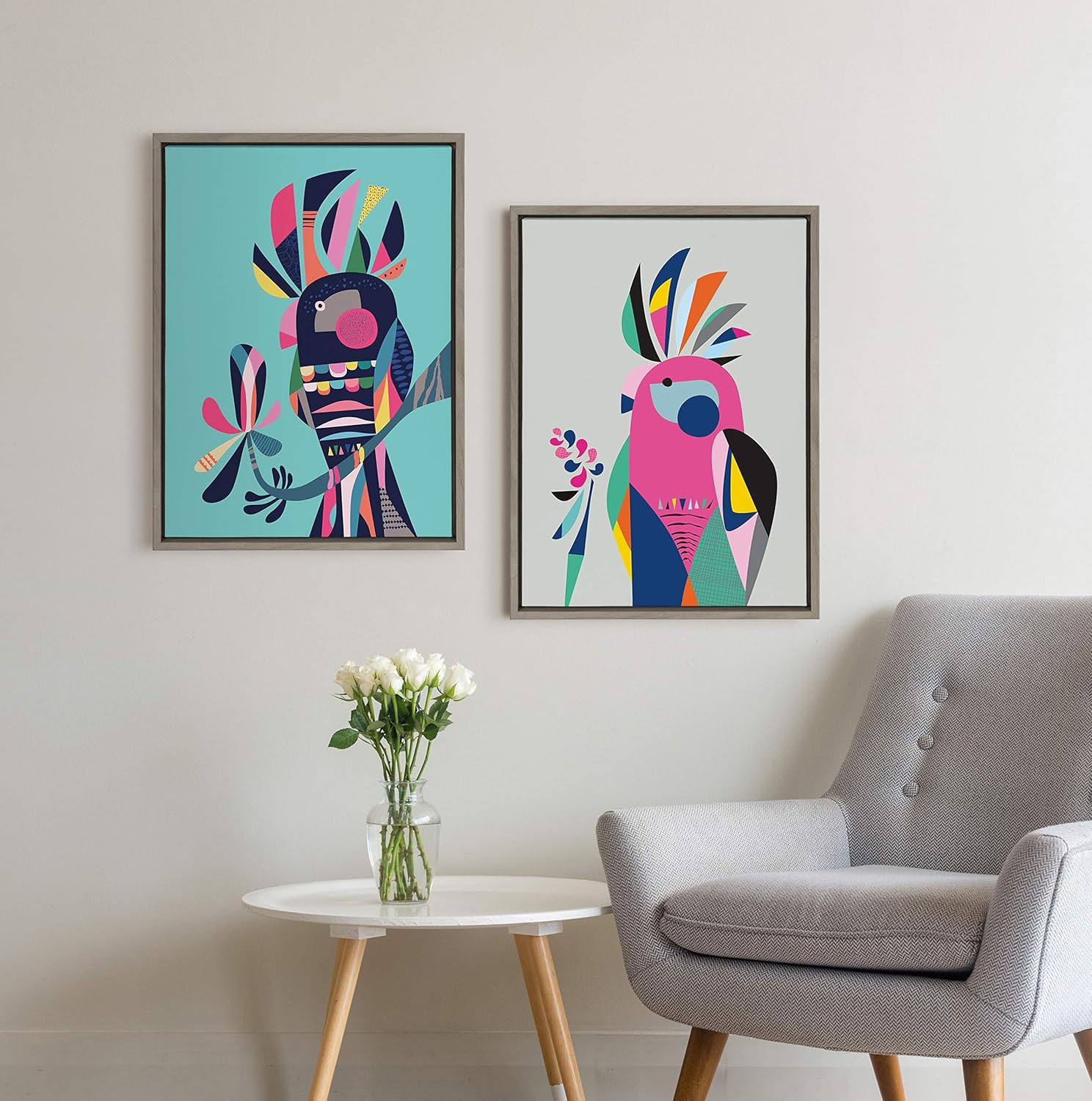Kate and Laurel Sylvie Cockatoo Framed Canvas Wall Art by Rachel Lee, 18x24 Gray, Abstract Wall Decor