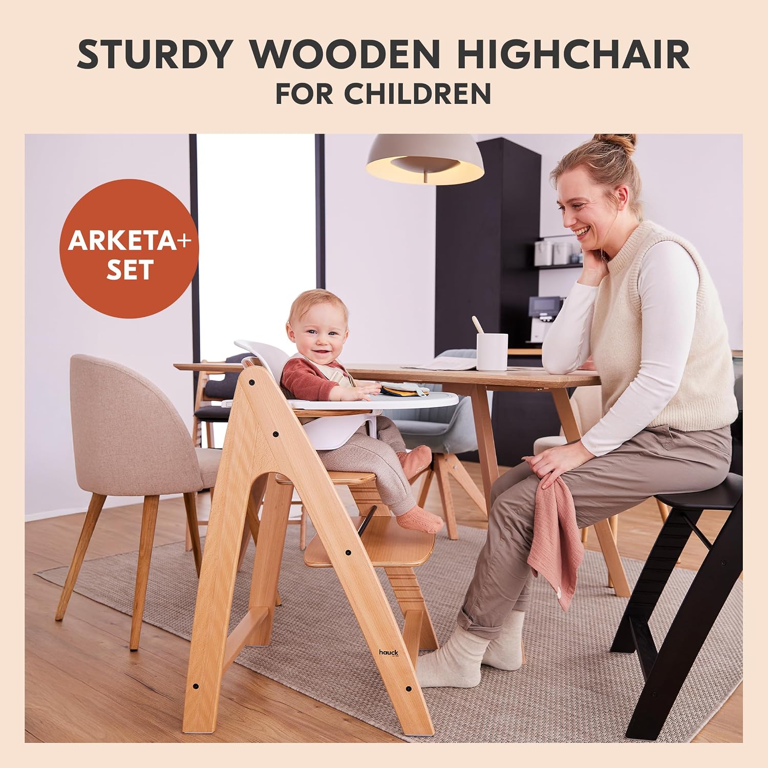 Arketa+ Adjustable Wooden High Chair with Tray & Baby Seat – Grow with Me High Chair, Infant to Adult (286 lbs), Ergonomic, 5-Point Harness, FSC Beech Wood, Convertible Feeding Chair - Beech