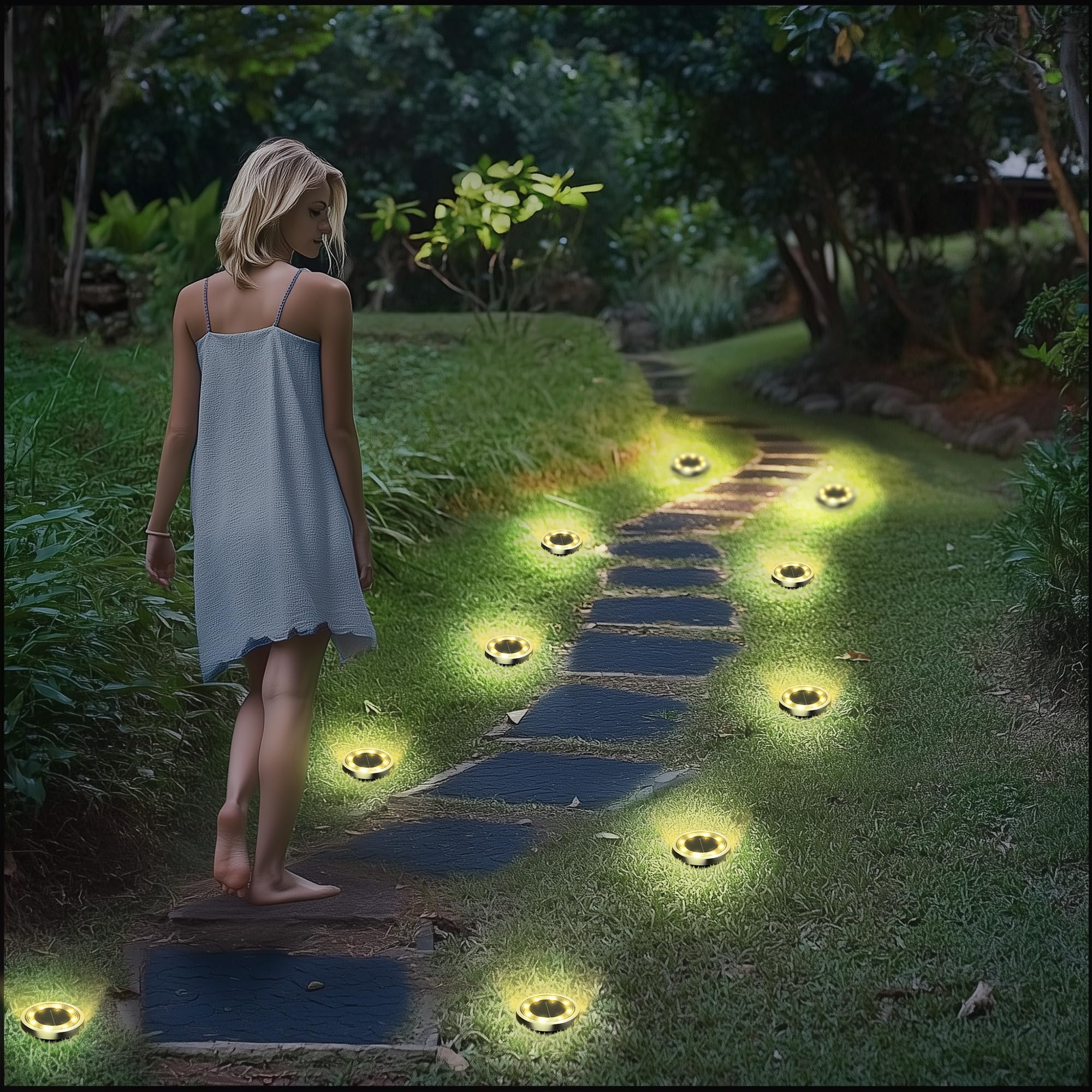 INCX Solar-Bodenleuchten für den Außenbereich, 8 LEDs, IP65 wasserdicht, Warmweiß, 16 Stück | 600mAh Ni-MH Akku, 8-10h Laufzeit, Edelstahl, ABS und PP Körper, Solar Gartenleuchten für Wege, Rasen und Einfahrten