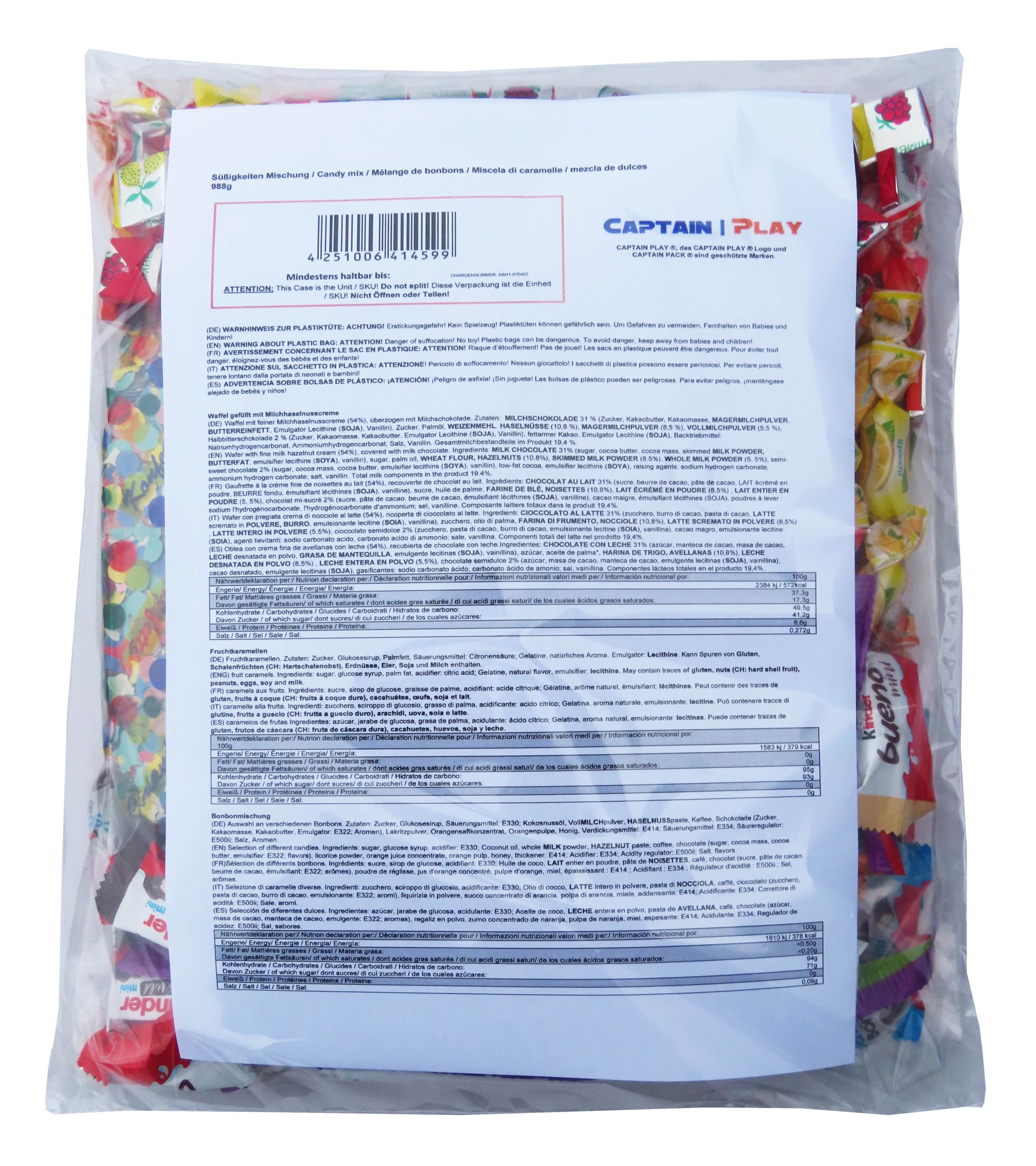 CAPTAIN PLAY Riempimento Pinata con Mix di Caramelle e Cioccolato - circa 210 Pezzi, 988g, con Coriandoli Pinata, Pinata Compleanno Bambina e Bambino