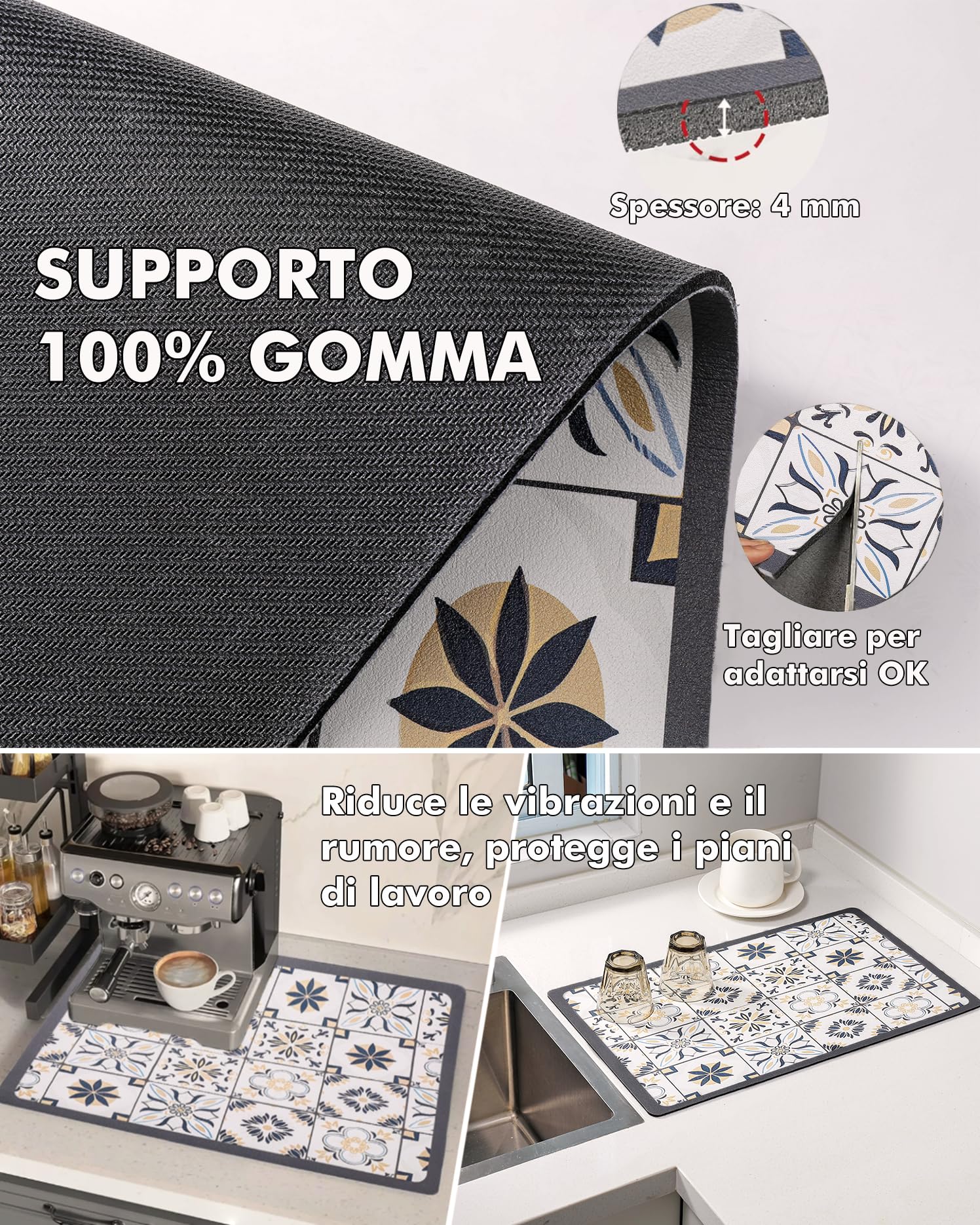 Tappetino Assorbente Cucina 60x40 cm, Antiscivolo per Macchina da Caffè e Stoviglie, Protezione Piano Lavoro Antimacchia